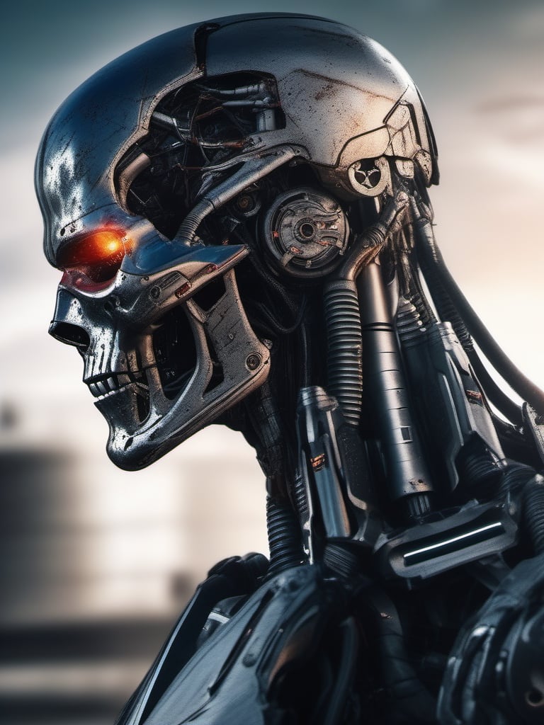 evil terminator man,  with damaged skin and head, using a futuristic weapon, in future war, hyper realistic, highly defined, highly detailed
