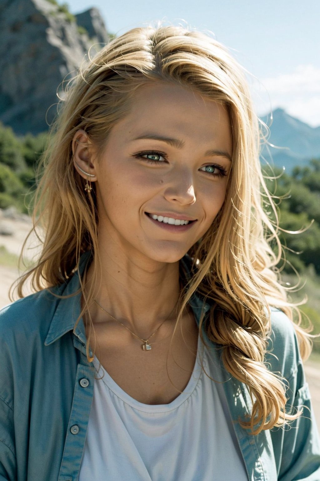 (best quality, masterpiece), 1girl,long hair, ponytails, sharp eyes, white hair,hair ornament,beautiful slim body, wearing a tank top and a jacket, shenhedef,smile, blush, outdoors, day, simple background, blue sky, long hair, sky, temple, looking at viewer, stairs, mountain, moody lighting,better_hands,smiling,showing teeth