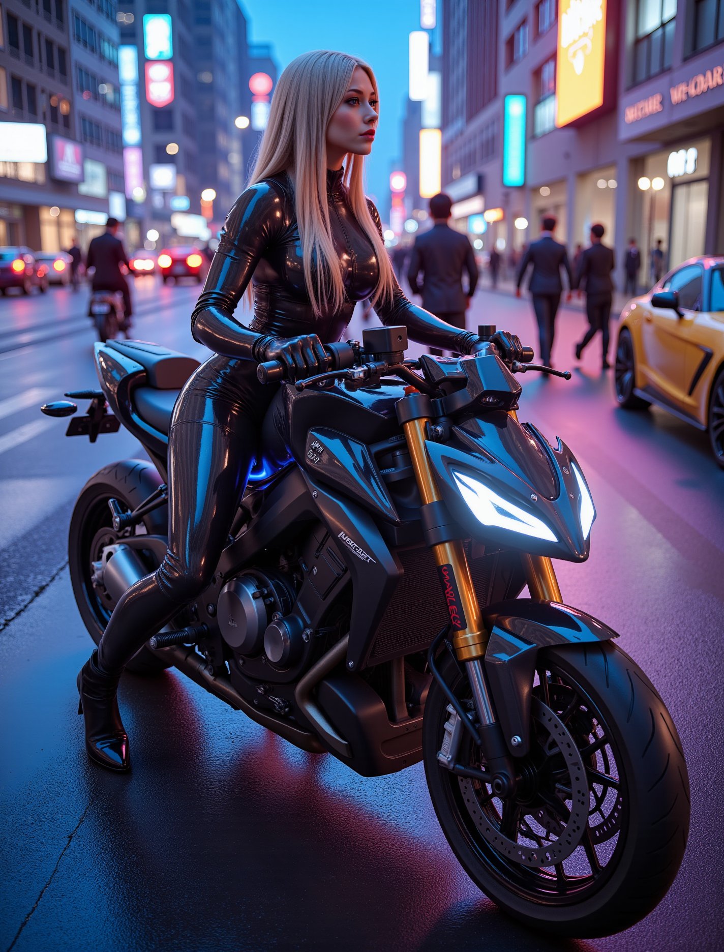 Hyper-realistic depiction of a blonde woman riding a sleek motorcycle through a futuristic metropolis at dusk. Her long curls blown back by the wind, she sits confidently atop the vehicle, electric-colored jumpsuit glowing under the city's vibrant neon lights. The pavement pulses with kaleidoscope colors as the Octane Engine 7.7 captures high-contrast hues and meticulous detail, immersing the viewer in the intensity of the urban landscape.