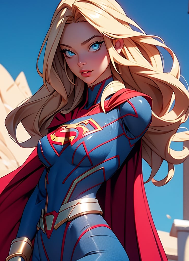 1girl, Highly detailed RAW color Photo, poised poise, superhero_pose, Full Body, ((portrait of supergirl)) age 18, ((dynamic_pose)), ((flying_midair)), ((fighting)), ((long_red_cape)), ((fully_suit_red_blue_white_gold)), beautiful face, symmetrical face, tone mapped, intricate, elegant, highly detailed, digital painting, concept art, red and blue, smooth, sharp focus, colorfull, depth of field, octane render,  art by artgerm and alphonse mucha, trending on artstation, cinematic animation still, by lois van baarle, ilya kuvshinov, metahuman, outdoors, toned body, (sci-fi), ((cloudy_blue sky)), (mountains:1.1), (lush green vegetation), (two moons in sky:0.8), (highly detailed, hyperdetailed, intricate), (lens flare:0.7), (bloom:0.7), particle effects, raytracing, cinematic lighting, shallow depth of field, photographed on a Sony a9 II, ((35mm f1.8_wide angle lens)), sharp focus, cinematic film still from Gravity 2013, short_curly_hair, average_breasts, blond_curly_hair, green-eyes, ((sexy_pink_lips)), intricate_detail, realistic, detailed_background, (8k, RAW photo, best quality), detailed_skin, sharp_eyes, beautifull, looking_at_camera, beautiful detailed eyes, beautiful detailed lips, high detailed skin, detailed background, 8k uhd, dslr,photorealistic, perfect hand, perfect fingers, big_breasts, Detailedface, 3DMM