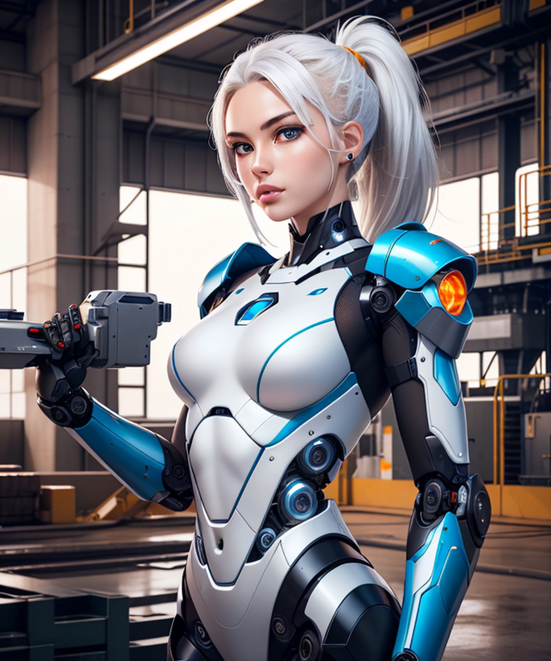 woman in her 20s, Korean, (perfect face), defined jawline, beautiful lips, (beautiful bright blue eyes), (white hair, ponytail), (perfect anatomy), (athletic body), (sexy), (perfect hands), (intricate geometric robotic white body armor, orange and gunmetal accents), (looking at viewer), (medium shot photograph), (futuristic industrial factory background), lyco:Robotaction:0.8, photorealistic
