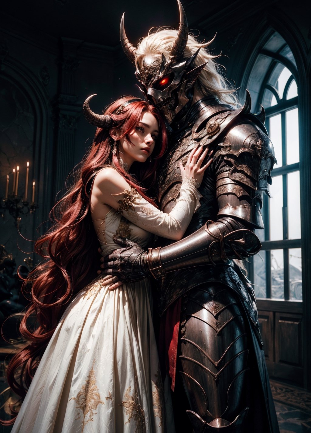 (masterpiece, top quality, best quality, official art, beautiful and aesthetic:1.2), extreme detailed, (fractal art), (a beautiful women next to a male demon:1), (1girl +1man), (demon man in armor wearing a mask next to a maiden), epic, love, emotional, embrace, closeup, very long white flowy hair, with sword, standing next to throne, side view, black and red, dress, black clothes, detailed long sleeves, large demon behind girl, highest detailed
