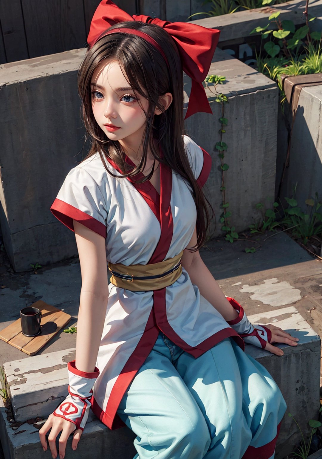 (masterpiece, best quality, high resolution, unity 8k wallpaper, extremely detailed CG:1), (illustration:1.0), 1girl,solo,  nakorurums , bow, hairband, ainu clothes, fingerless gloves   , short sleeves 