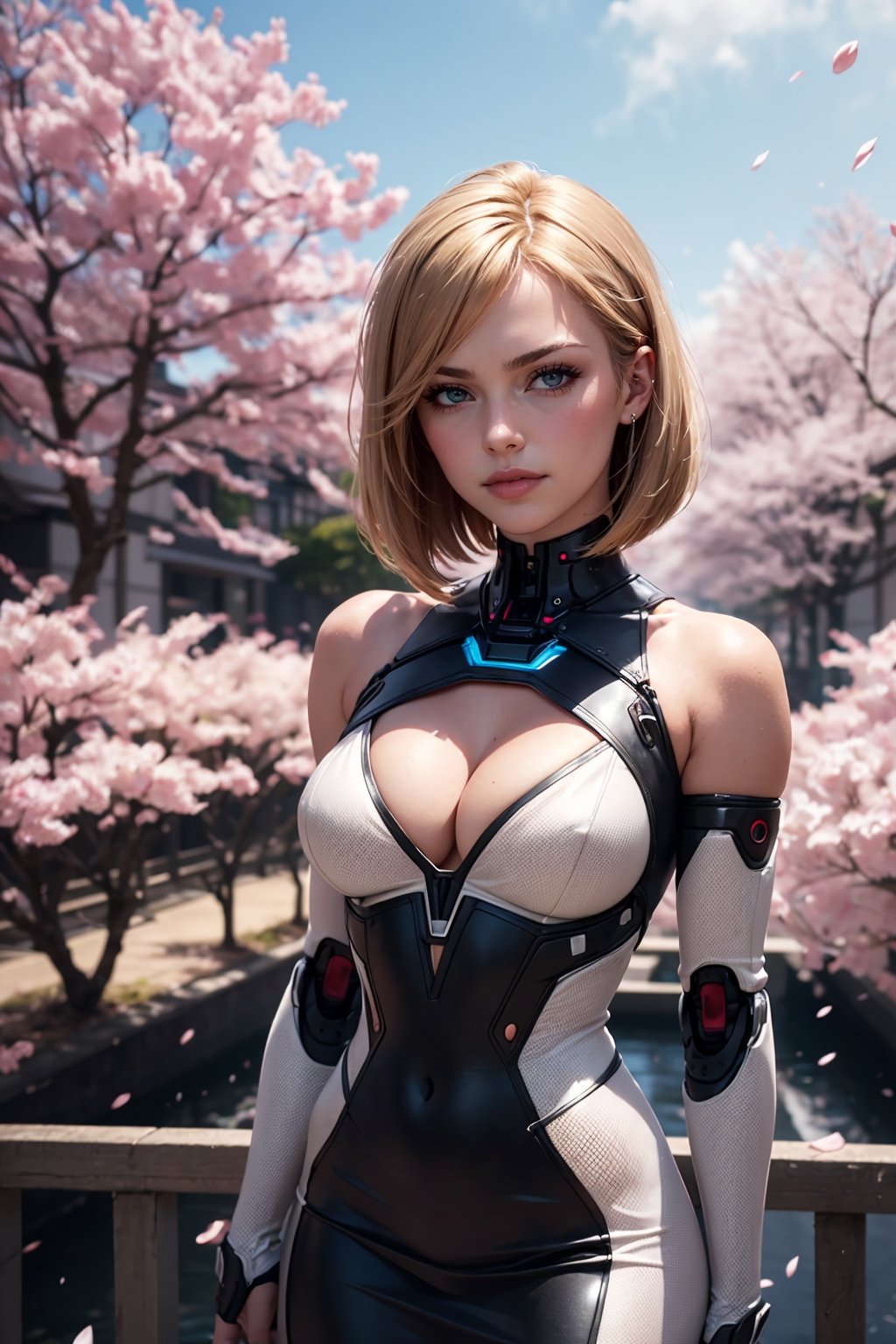 (masterpiece, best quality, hires, high resolution:1.2), extremely detailed, realistic, highres, (cinematic lighting, perfect lighting, volumetric), 1girl, solo, smirk, blush, looking at viewer, (auburn bob haircut), bare shoulders, (Futuristic android dress with robotic appendages and silver accents, see-through:1.2), small breasts, cleavage, Arms crossed over the chest, looking serious, outdoors, park, cherry blossoms, falling petals,blonde hair, 