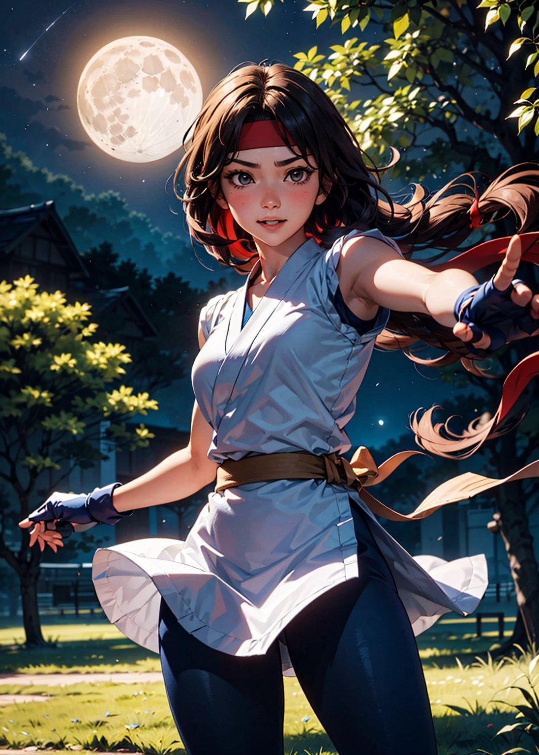 YuriSaka, red headband, white dougi, golden belt, leggings, fingerless gloves, looking at viewer, serious, happy, blush, 
fighting pose, outside, park, field, trees, night, moon, extreme detail, hdr, beautiful quality,  
,yurims