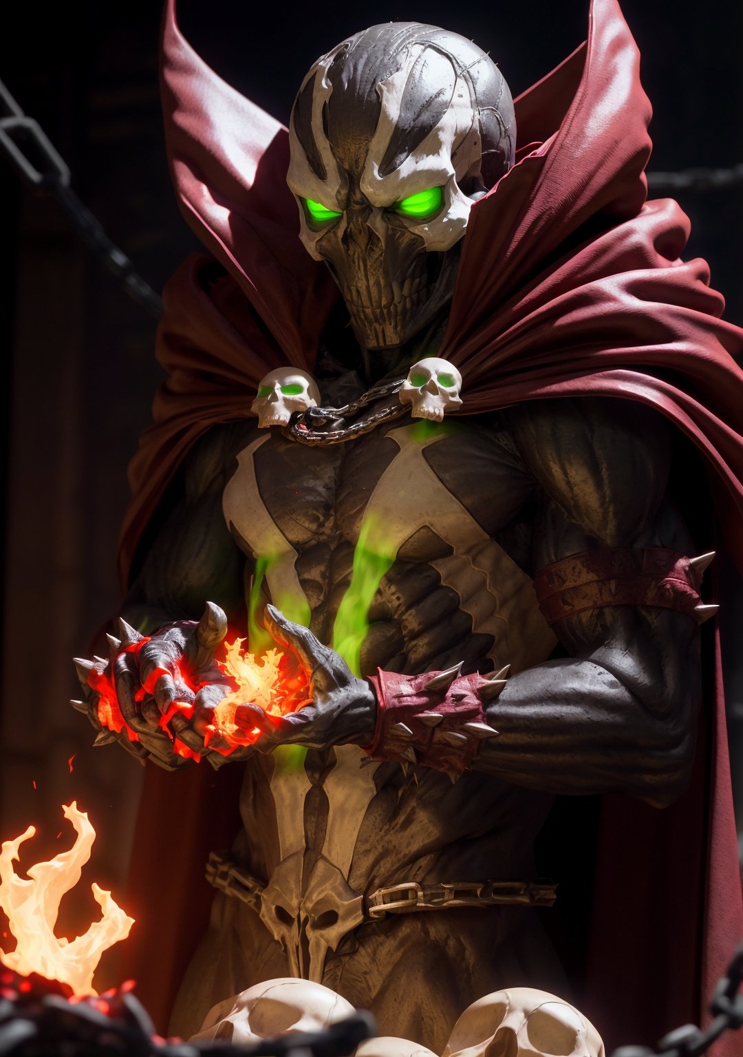 spawn, solo, skull, male focus, red cape, glowing eyes, embers, green fire, glowing, chain, looking at viewer, standing, upper body, intricate details, masterpiece, absurdres, best quality, spawn2023,
