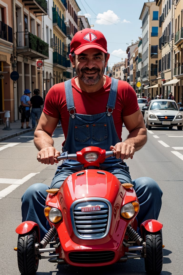 an Italian plumber man is driving a gokart on a city street, blue overalls, suspenders, red shirt, red hat, happy, big eyes,
