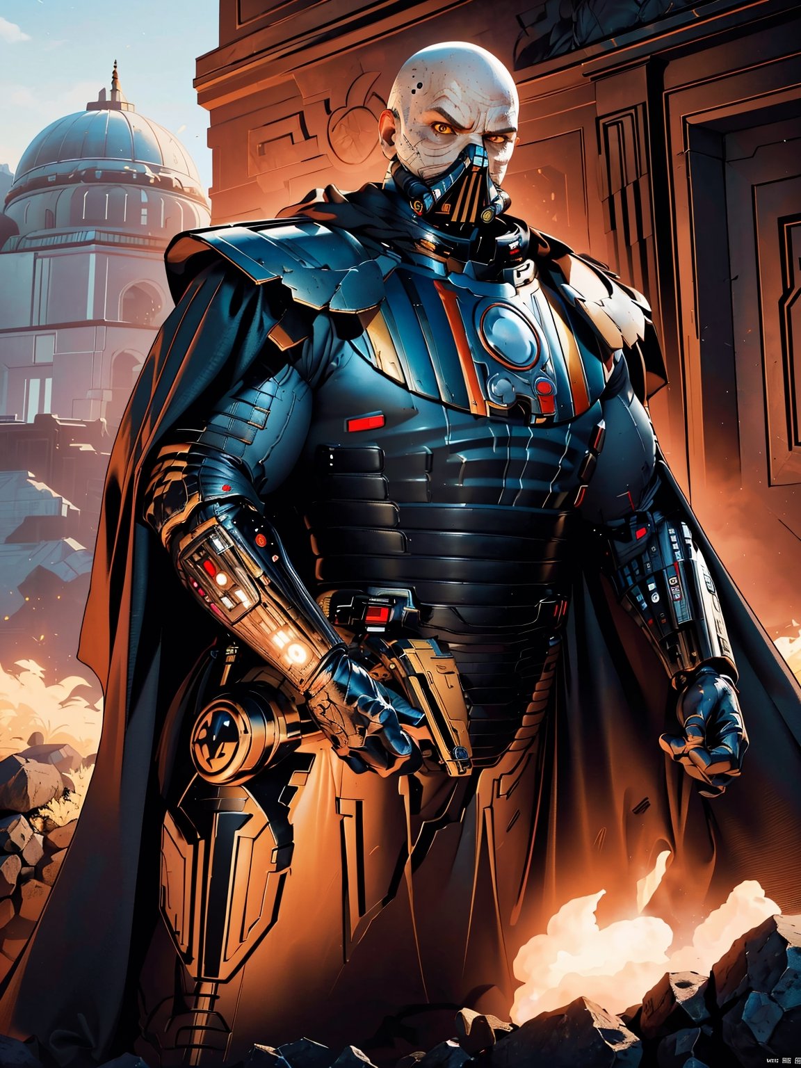 (best quality, masterpiece, beautiful and aesthetic:1.2, colorful, dynamic angle) 1boy, darth malgus, angry, yellow eyes, respirator mask, carbon fibre armor, cape, upper body, (high contrast, official art, extreme detailed, highest detailed), lora:darthmalgus:0.8