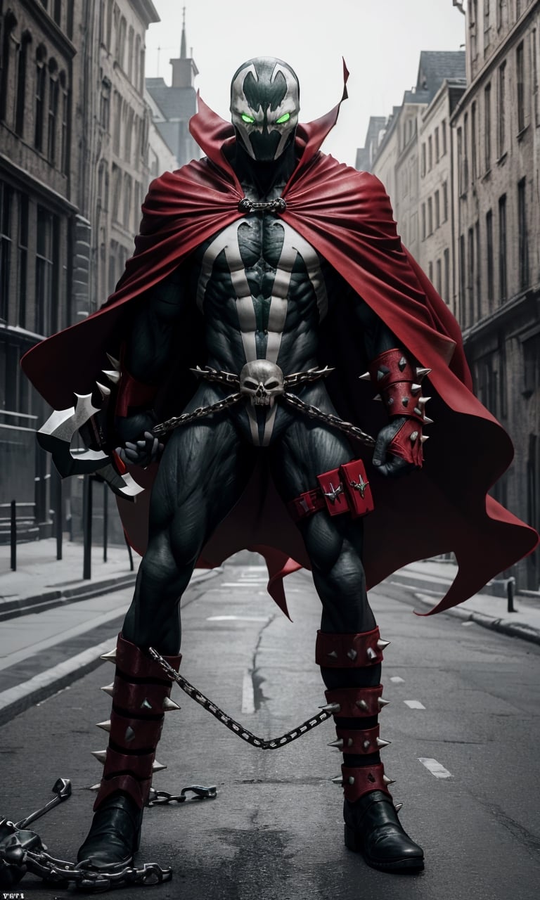 spawn2023, helmet, long red collar, red cowl, red cape, chains, skulls, glowing green eyes, red gauntlets, spikes, dramatic lighting, hyper realistic, raw image, 8k, muscular, uhd, best quality, award winning photo, rtx on, unreal engine 5, full body, wide angle shot, head to toe, gothic city, superhero pose, absurdres, long cape, large red boot, large gauntlet, flowing cape, round axe, asymmetrical red armor,
