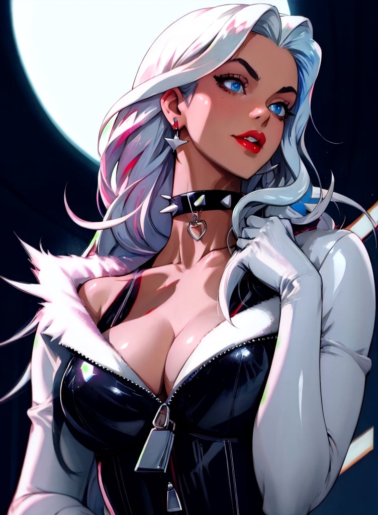 masterpiece, best quality,upper body, solo, absurdres,scenery,  , felicia_blackcat_aiwaifu,long hair,mask,white hair,bodysuit,domino mask,gloves,choker,lipstick,blue eyes,makeup,white gloves,collar,lips,superhero,black bodysuit,fur trim,cleavage,large breasts,collarbone,skin tight,zipper,spiked collar,unzipped,red lips,jewelry,black choker,claws,latex,shiny,center opening,very long hair,            ultra specular detailed, amazing artwork,intricate details,light,attractive, intricate detailed blurry_background,(well defined perfect hands, high detailed skin,detailed face:0.3), (scenery, golden_ratio,highres, incredibly_absurdres:0.2),(scenery,sidelighting,masterpiece:0.5),