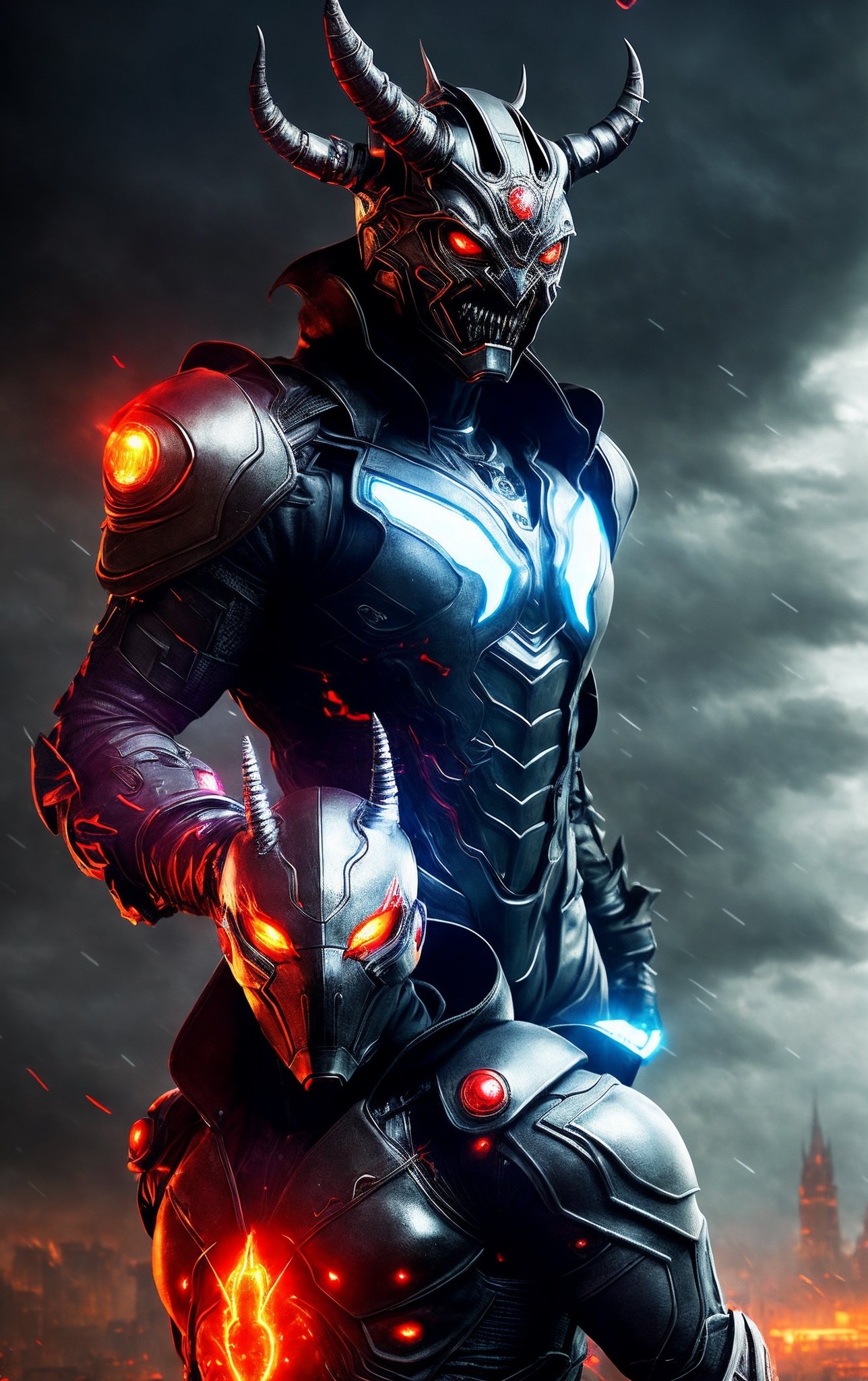 powerfull (demonic creature:1.2), red tech googles, demon mask, androgynous male, strong pose, tech heavy armor, Raiden, metal gear style, lightning effects, thunder effects, dark sky raining, god of thunder, dark hair, infernal city background, tall structures, infernal towers background, dark red colors, apocalyptical, far distance, full body, perfect detailed face, detailed symmetric circular iris, realistic, stunning realistic photograph, 3d render, octane render, intricately detailed, cinematic, Isometric, dark fantasy theme, mystical, Dark theme, underworld theme, deviant art masterpiece, white skin, crimson eyes, dark tattoos, colour grading, dark illustration, extreme quality, extremely detailed, ultra-detailed face, ultra hd 8k, dark lightning, concept art, hyperdetailed, intricately detailed gothic art, triadic colours, fantastical, intricate detail, splash screen, complementary colours, fantasy concept art, 8k resolution, soft lighting, film photography, film grain, hyperrealist
