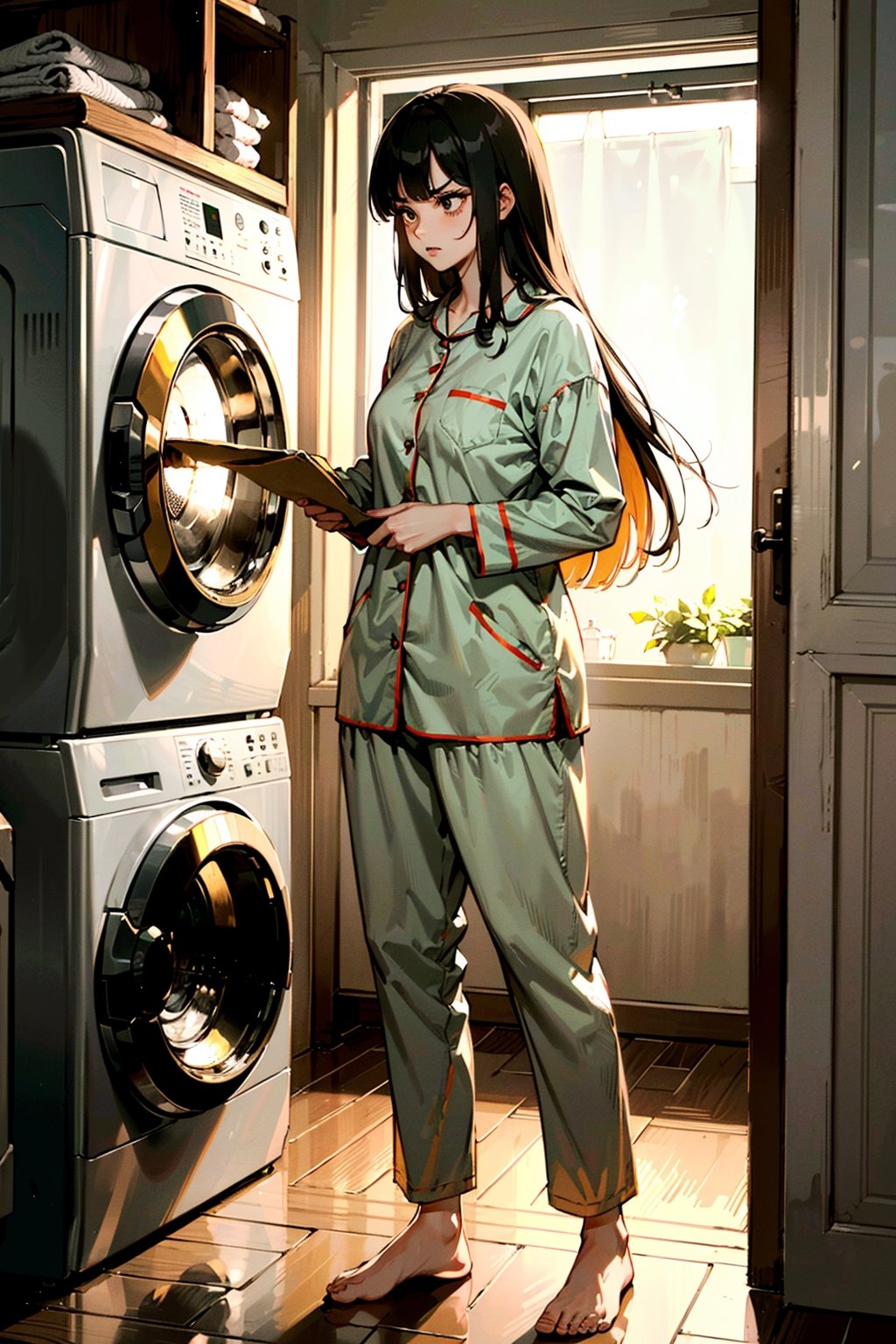 (best quality, masterpiece:1.1),   full body,     (1female), angry face, golden hair, very long hair, blunt bangs,        Cute Pajamas, ( laundry in the basement, indoors, table, folded clothes, washing machine, shelves),
