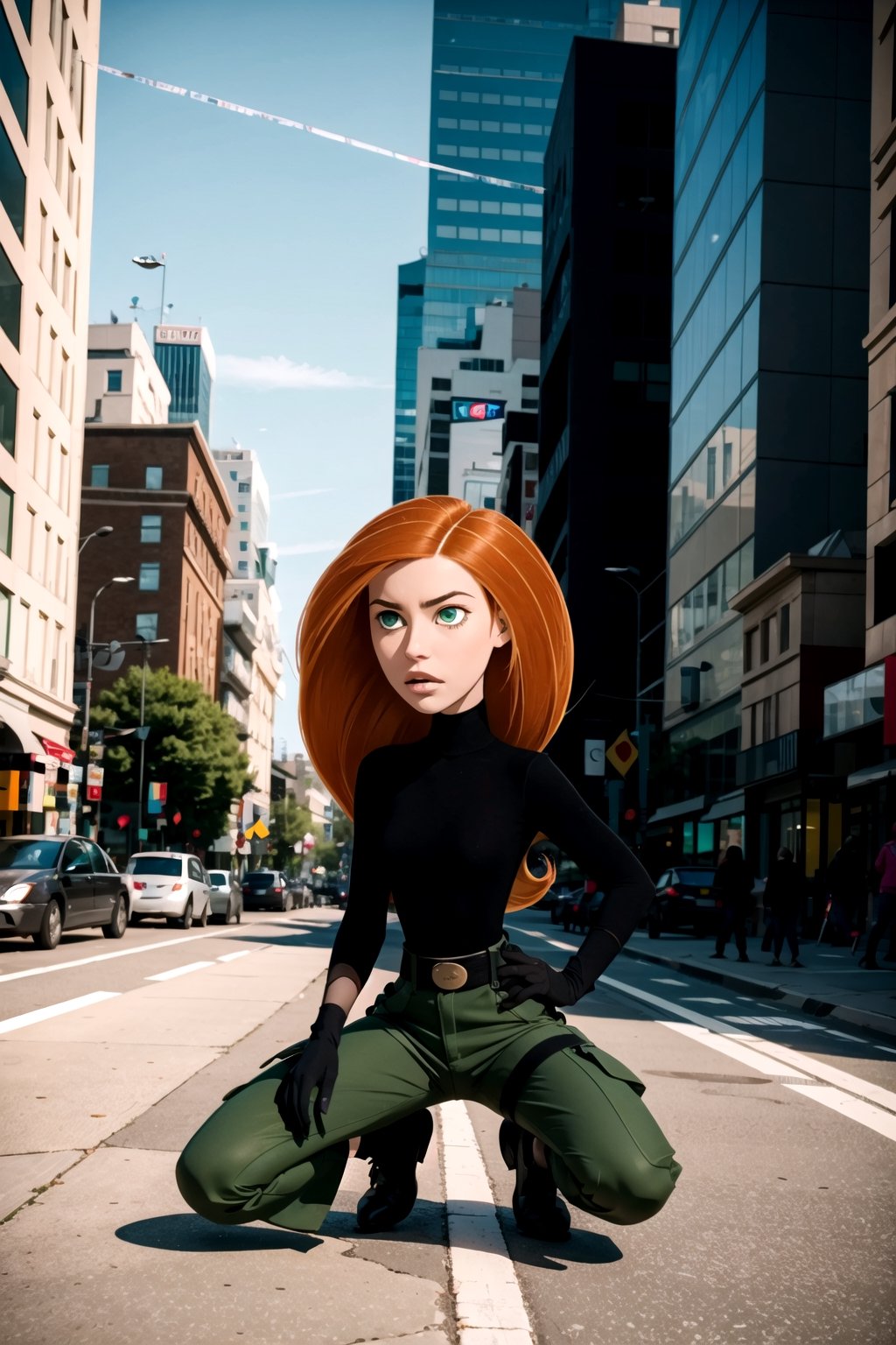 lora:Kim_Possible:1,Orange-red hair, green eyes, confident expression, black turtleneck, black gloves, brown belt, green cargo pants, pale skin, thin eyebrows, crouching, bent legs, 