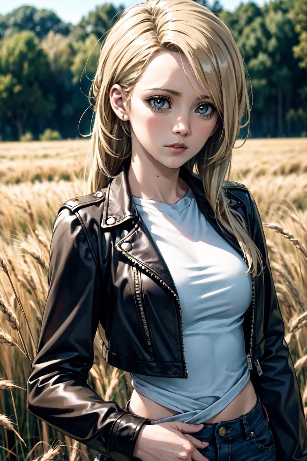 raw photo, fashion photography of cute (Belén Rodríguez), long, blonde hair, wearing leather jacket and ripped jeans, wheat field, picturesque, rural background, upper body shot,sharp, colorful, ultra realistic, cinematic, blue and yellow:0.85)