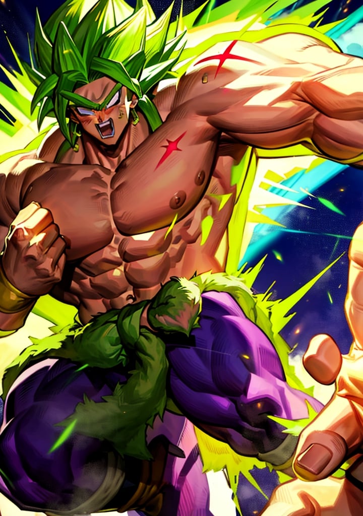 broly, legendary super saiyan, green hair, spiky hair, white eyes, muscular, tall, face scar, left arm scar, bicep scar, green fur pelt draped around the waist, black bracelets, tight purple pants
