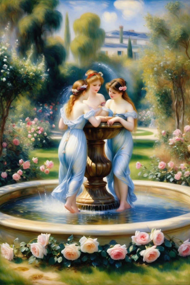 Create image
Pierre-Auguste Renoir, delicate ethereal painting of a group of nymphs playing in a garden fountain in a beautiful garden of snowy scenery with roses