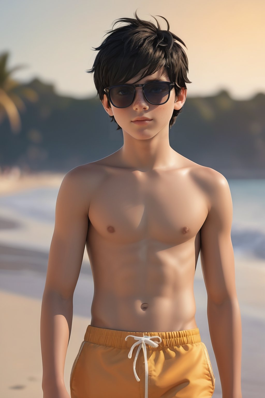 14 years old teenage boy, European, detialed photogrpahy, 8k masterpiece, warm lighting, smooth skin, 3d style, cool boy, mischivious smirk, shaggy black hair, wearing sunglasses, shirtless smooth chest, standing on the beach, wearing boxers, dynamic pose,realistic