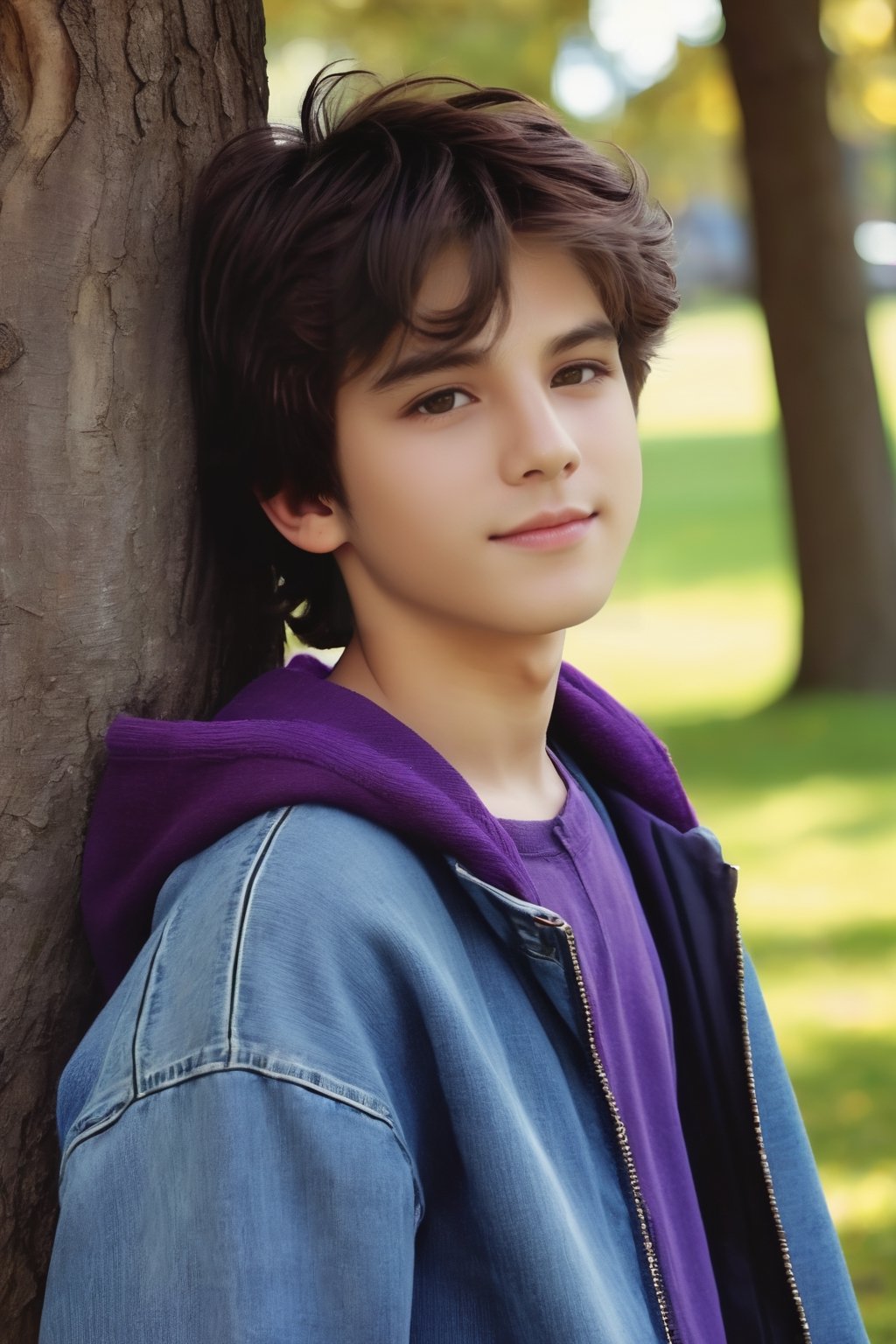 pretty 13 years old boy, European, hzel eyes, long shaggy purple hair, slight smile, detialed photogrpahy, 8k masterpiece, warm lighting, smooth skin, 3d style, cool boy wearing open zip-up sweater (hood down) with shirt underneath and baggy jeans; 1980s style, leaning against tree in the park, dynamic pose