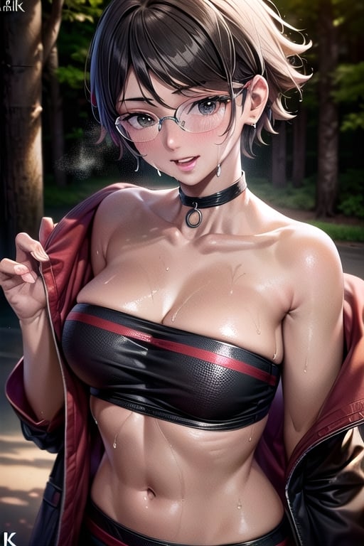 Realistic, (((Photorealistic))), beautiful girl (((masterpiece))), (hd shot), absurdres, (((intricate details))), (colorful),((cinematic lighting)),bust shot,(((extremely detailed CG unity 8k wallpaper))),1girl,  short hair, sarada, black hair, pose,smile, glasses, forest, woods, ((exposed_stomach)),steaming_body, (((sweating))), black and red jacket, black top wear, exposed upper chest, strapless, side_breast, ((glistening_skin)), 