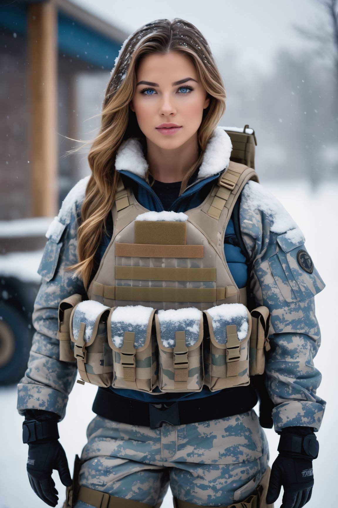 (photorealistic), beautiful lighting, best quality, realistic, full body portrait, real picture, intricate details, depth of field, 1girl, in a cold snowstorm, A very muscular solider girl with haircut, wearing winter camo military fatigues, camo plate carrier rig, combat gloves, (magazin pouches), (kneepads), highly-detailed, perfect face, blue eyes, lips, wide hips, small waist, tall, make up, tacticool, Fujifilm XT3, outdoors, bright day, Beautiful lighting, RAW photo, 8k uhd, film grain, ((bokeh))