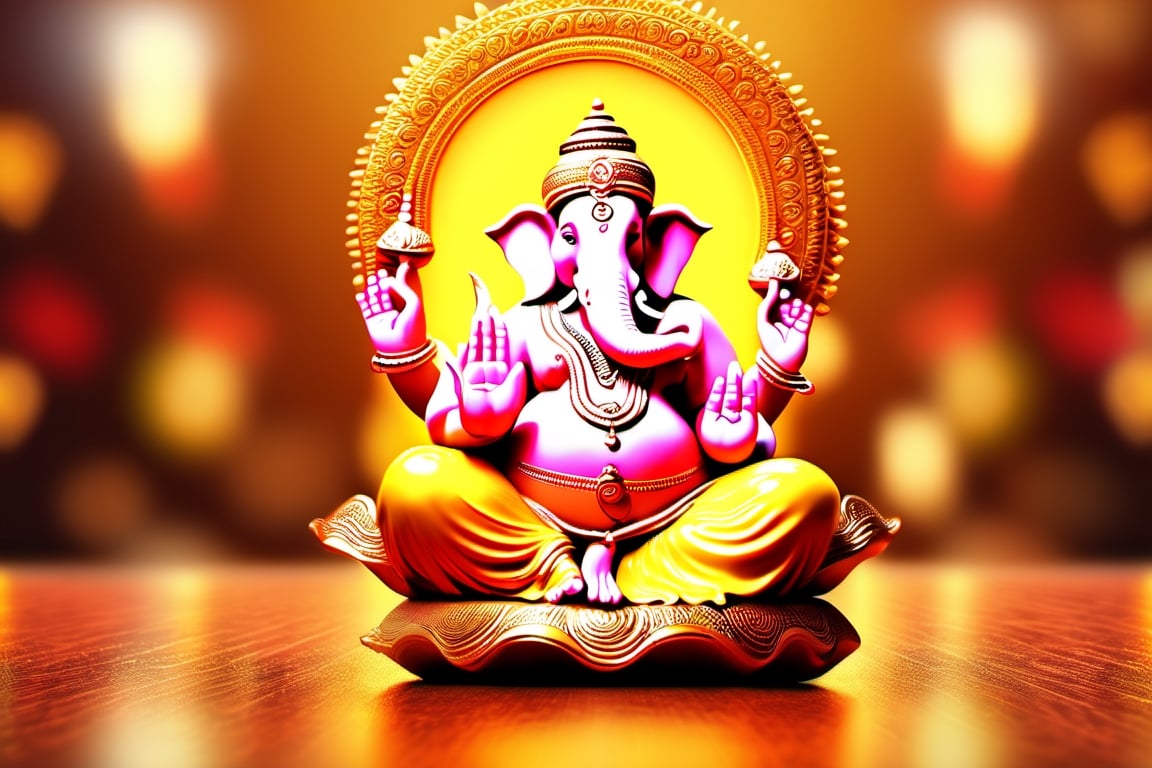 Ganpati Bappa in dancing posture, hyper realistic, 3d_render, 4k, 32k uhd lighting, professional photography, reflection, professional lighting, colorful, detailed, gradiant_background , golden background, 