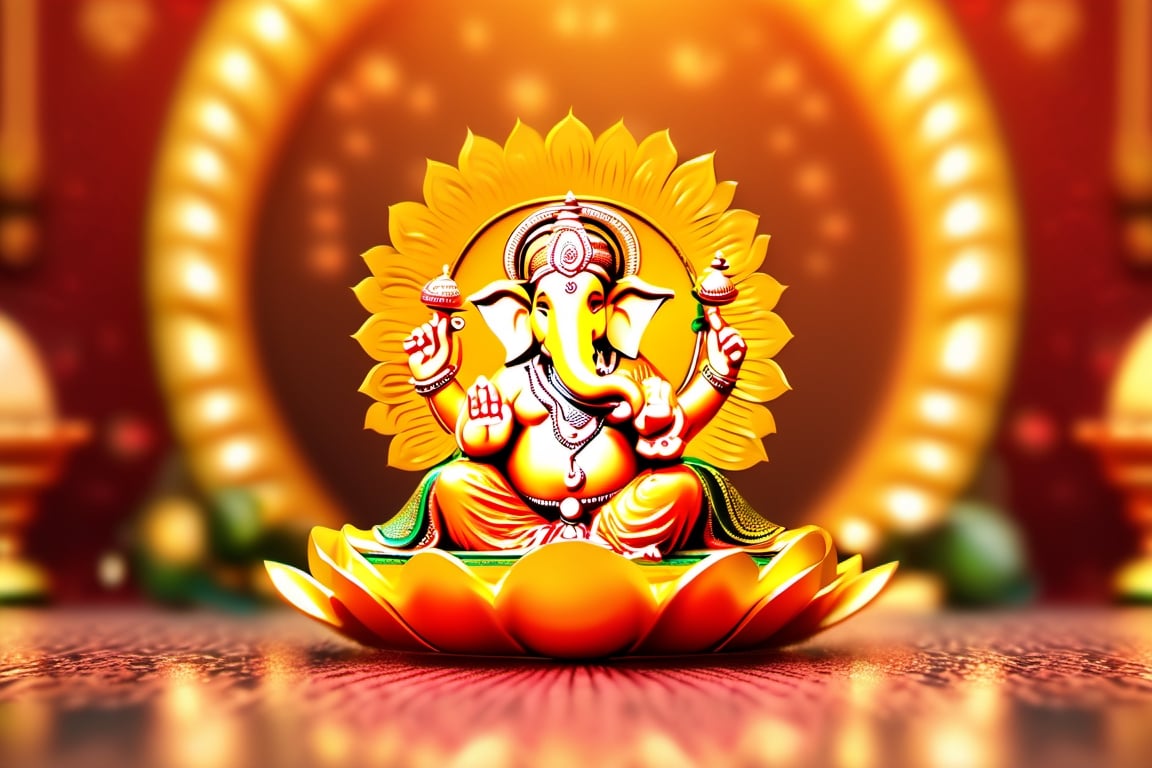 Ganpati Bappa , realistic, 3d_render, 4k, 32k uhd lighting, professional photography, reflection, professional lighting, colorful, detailed, gradiant_background , golden background, 