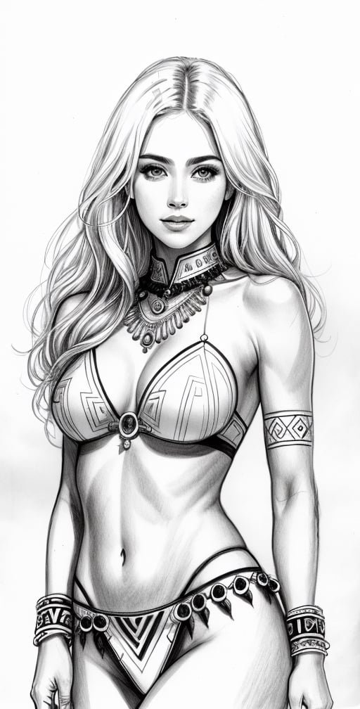 Pencil sketch, a pencil sketch drawing of amazoniess tribal girl, tribal outfit, white hair, Art, black and white sketch, on white art paper, realistic sketch, ultra real sketch, pencil stroke sketch, pencil stroke shadow, perfect real light on paper, xyzsanart01,iinksketch,monochrome, upper_body,Outline,sketch,drawing,wldck,Savage_Design