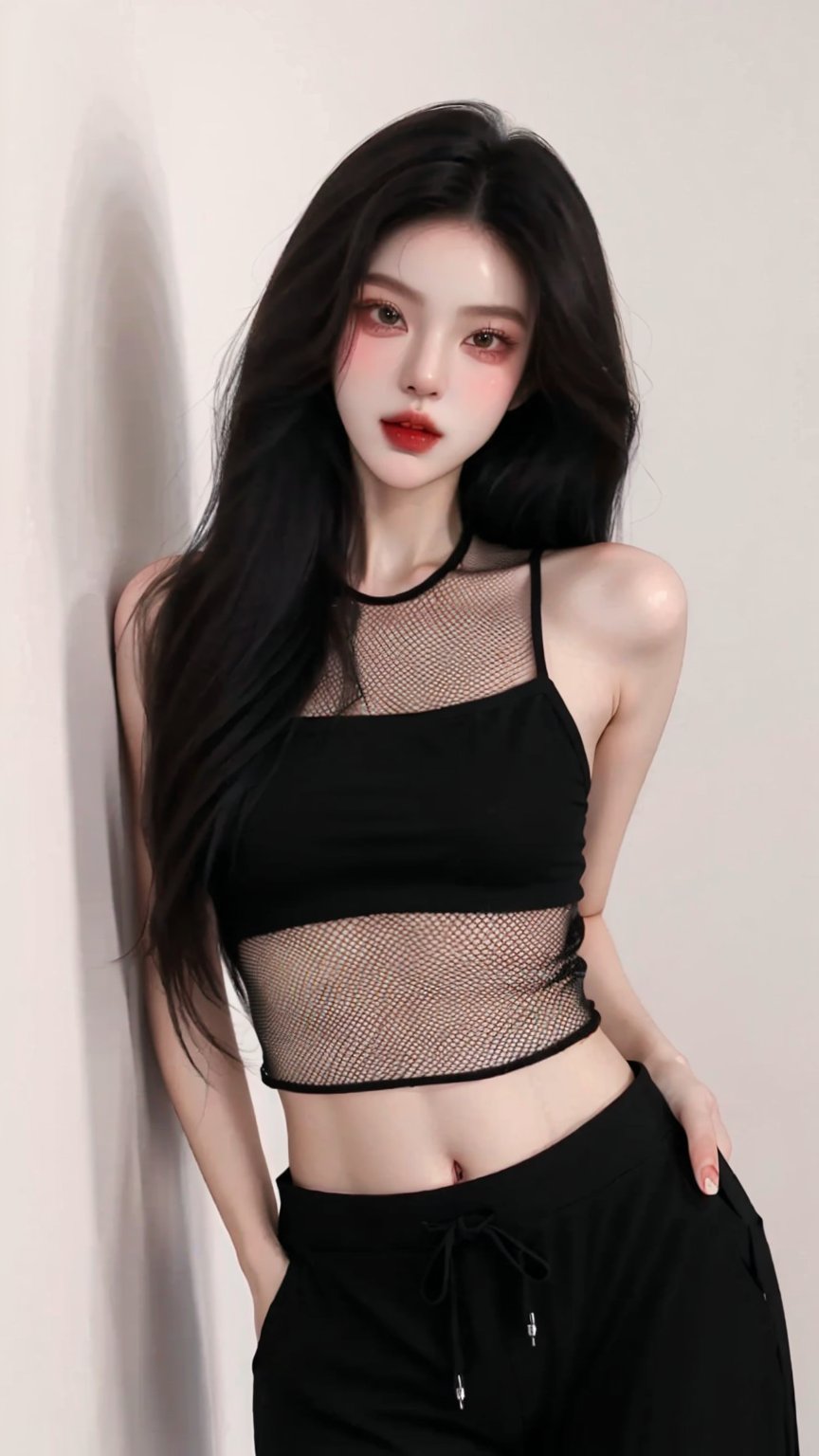  A beautiful teen girl with a skinny body, (dreadlocks hair) , she is wearing a (black fishnet top) and (black Harem Pants), fashion style clothing. Her toned body suggests her great strength, awesome posing.,Sohwa, white wall background,medium shot,Detailedface