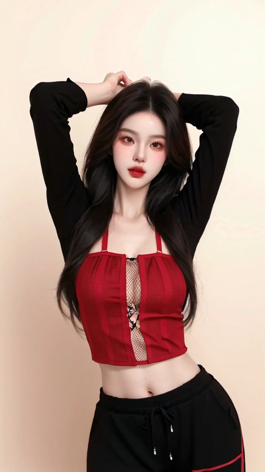  A beautiful teen girl with a skinny body, (dreadlocks hair) , she is wearing a (red designed fishnet top) and (black designed Harem Pants), fashion style clothing. Her toned body suggests her great strength, awesome posing.,Sohwa, white wall background,medium shot,Detailedface,detailedhand