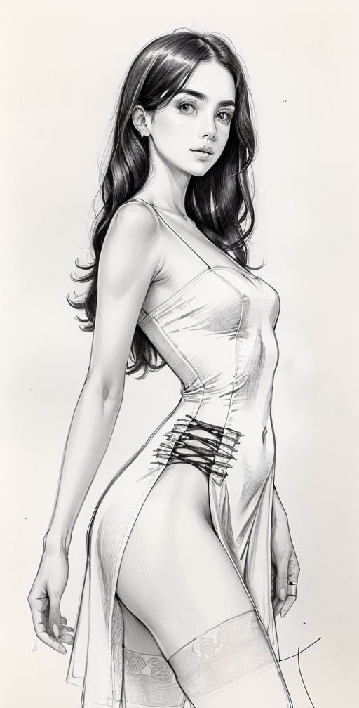 Pencil sketch, a pencil sketch drawing of cute female, summer outfit, Art, black and white sketch, on white art paper, realistic sketch, ultra real sketch, pencil stroke sketch, pencil stroke shadow, perfect real light on paper, xyzsanart01,iinksketch,monochrome, upper_body,Outline,sketch,drawing,wldck,edgSDress,wearing edgSDress