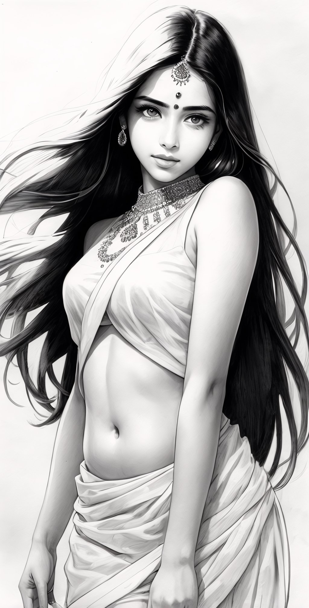 Pencil sketch, pencil sketch portrait of beautiful indian girl with long hair, blue eyes, embarrassed,  nice figure, slim belly, Indian dress, Art, black and white, on white art paper, realistic sketch, ultra real sketch, pencil stroke sketch, pencil stroke shadow, perfect real light on paper, xyzsanart01,iinksketch,line anime,monochrome