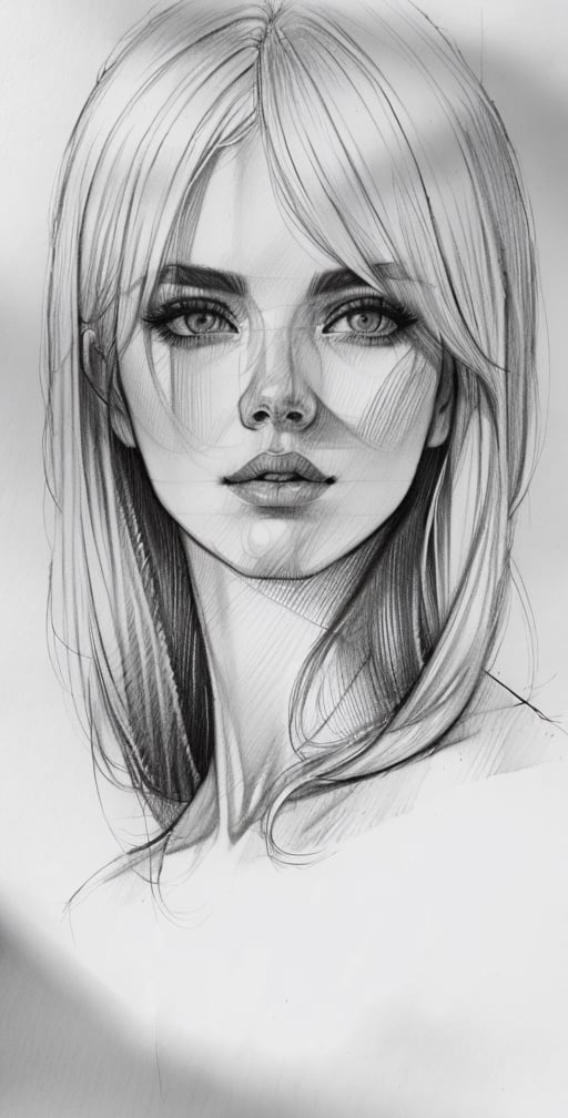 Pencil sketch, a pencil sketch drawing of female face, white hair, Art, black and white sketch, on white art paper, realistic sketch, ultra real sketch, pencil stroke sketch, pencil stroke shadow, perfect real light on paper, xyzsanart01,iinksketch,monochrome, upper_body,Outline,sketch,drawing,DRAWING
