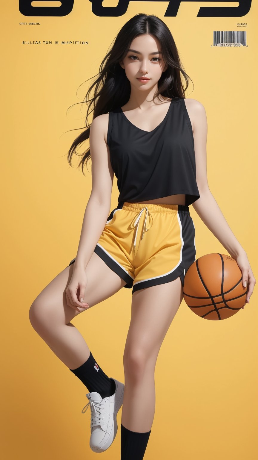 Against a warm, golden background, a stunning young woman with long black hair and confident gaze proudly holds a basketball in one hand. She wears a sleek black top, bold red shorts, and matching socks that add a pop of color to her overall look. Her bright red sneakers seem to radiate energy and enthusiasm. The ultra-realistic paper art masterpiece captures the subject's beauty and youthful spirit with meticulous detail, as if plucked straight from a basketball magazine cover or poster.,magazine cover