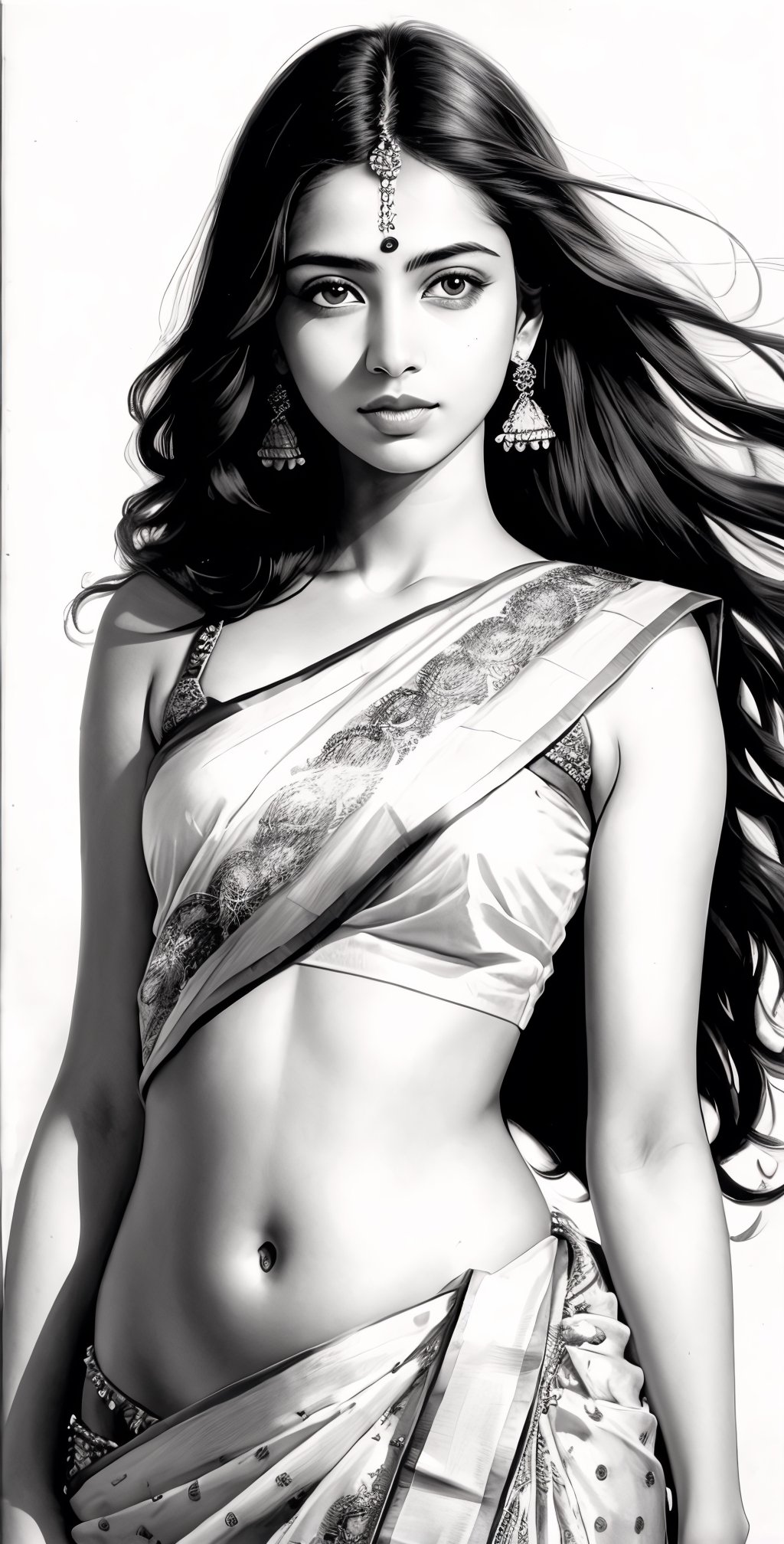 Pencil sketch, pencil sketch portrait of beautiful indian girl with long hair, blue eyes, embarrassed,  nice figure, slim belly, Indian revealed saree, Art, black and white, on white art paper, realistic sketch, ultra real sketch, pencil stroke sketch, pencil stroke shadow, perfect real light on paper, xyzsanart01,iinksketch,line anime,monochrome