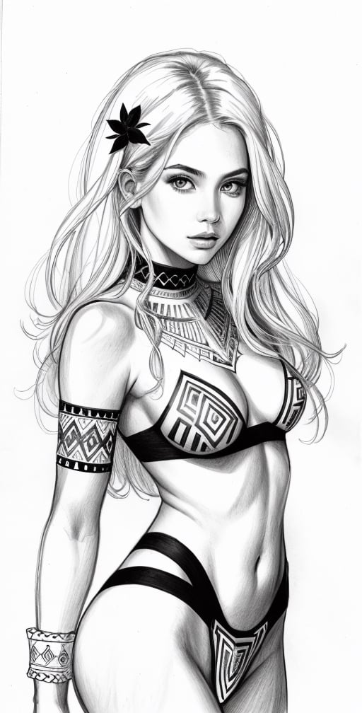 Pencil sketch, a pencil sketch drawing of amazoniess tribal girl, tribal outfit, white hair, Art, black and white sketch, on white art paper, realistic sketch, ultra real sketch, pencil stroke sketch, pencil stroke shadow, perfect real light on paper, xyzsanart01,iinksketch,monochrome, upper_body,Outline,sketch,drawing,wldck,Savage_Design