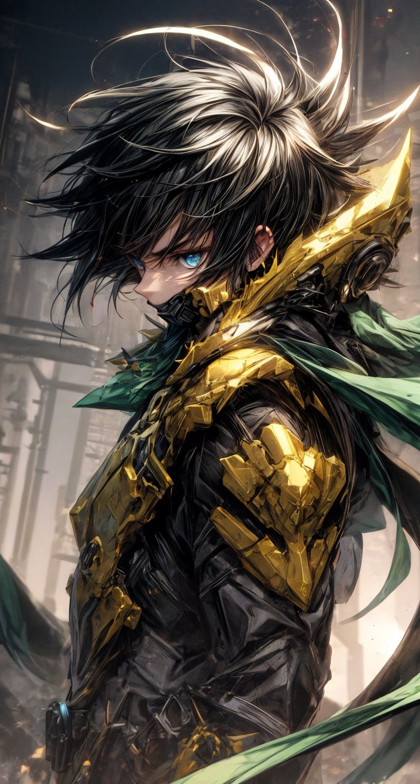 solo male, green armor, spiky black hair,blue eyes,wrenchsmechs