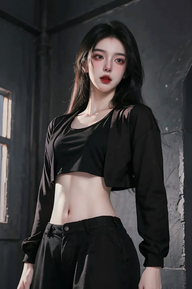 (masterpiece),realistic,anime art,cinematic background,indoor, photography shoot 1girl, solo, webtoon art, black hair, open black shirt, midriff, twilight, cinematic background,(brilliant composition) 