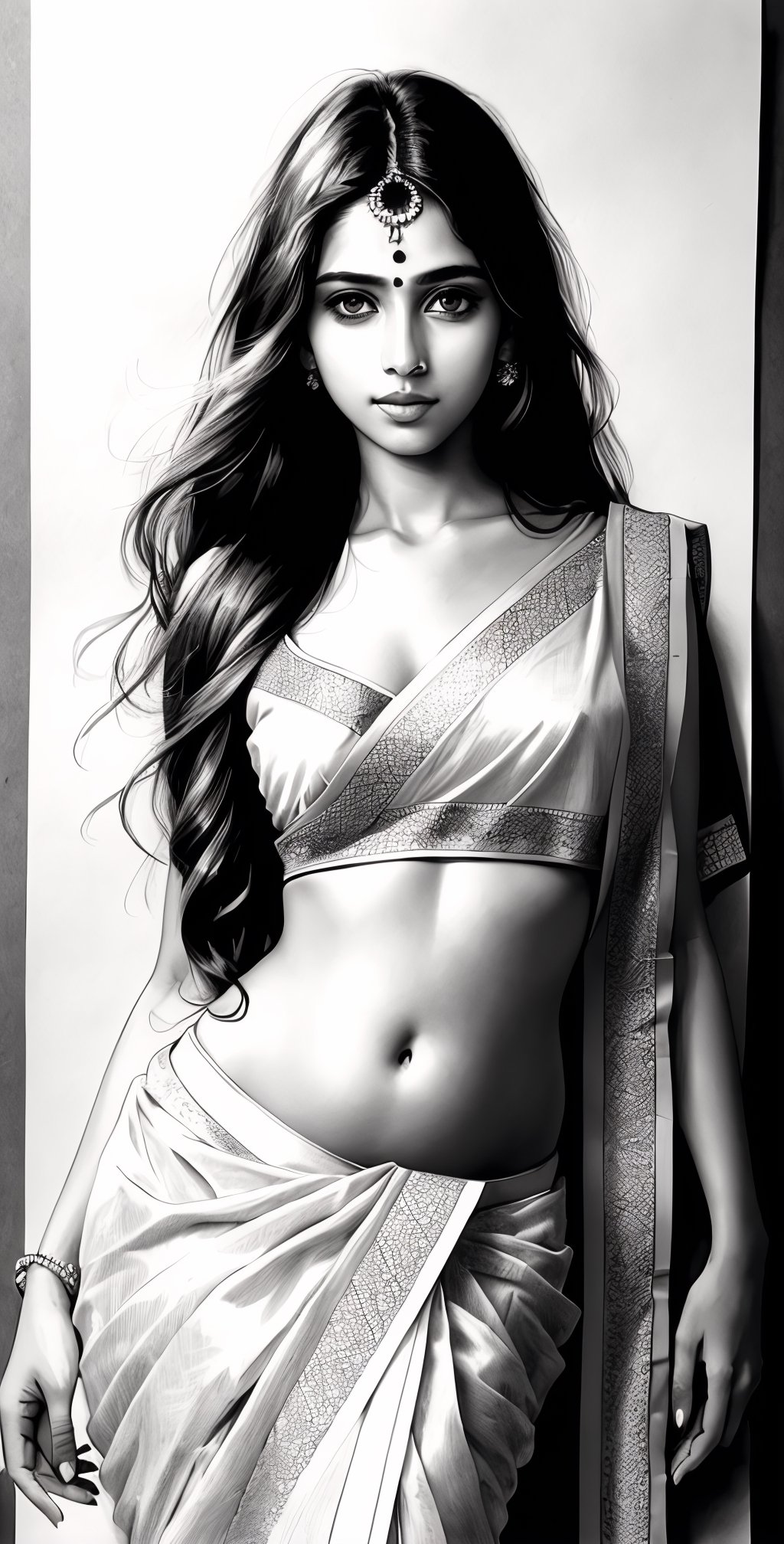Pencil sketch, pencil sketch portrait of beautiful indian girl with long hair, blue eyes, embarrassed, nice figure, slim belly, Indian revealed saree, Art, black and white sketch, on white art paper, realistic sketch, ultra real sketch, pencil stroke sketch, pencil stroke shadow, perfect real light on paper, xyzsanart01,iinksketch,monochrome