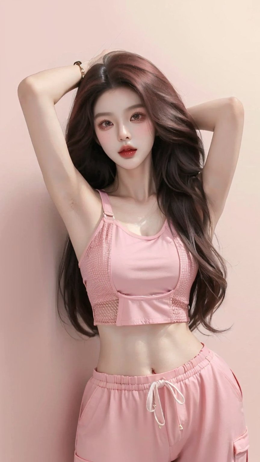  A beautiful teen girl with a skinny body, (dreadlocks hair) , she is wearing a (red designed fishnet top) and (pink designed Harem Pants), fashion style clothing. Her toned body suggests her great strength, awesome posing.,Sohwa, white wall background,medium shot,Detailedface