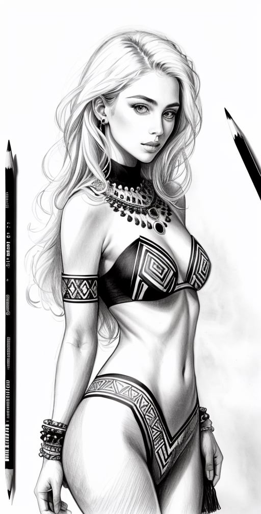 Pencil sketch, a pencil sketch drawing of amazoniess tribal girl, tribal outfit, white hair, Art, black and white sketch, on white art paper, realistic sketch, ultra real sketch, pencil stroke sketch, pencil stroke shadow, perfect real light on paper, xyzsanart01,iinksketch,monochrome, upper_body,Outline,sketch,drawing,wldck,Savage_Design