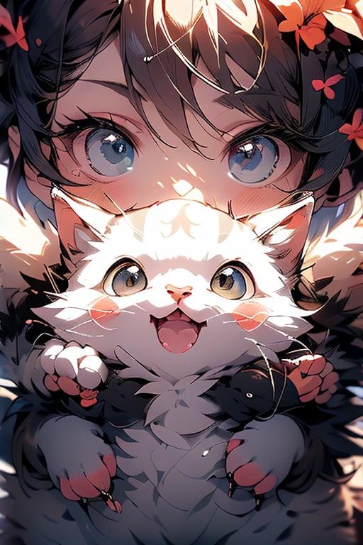 A tender masterpiece of maternal devotion: A 1-year-old baby girl cradles a curious cat in her arms, their faces inches apart as they gaze into each other's eyes. Soft, warm lighting bathes the scene, with PIXIV's signature best quality rendering every whisker and eyelash. The midjourney processing amplifies the textures, making the cat's fur and baby's soft skin almost palpable. The composition is minimalist yet poignant, framing the intimate moment in a shallow depth of field.