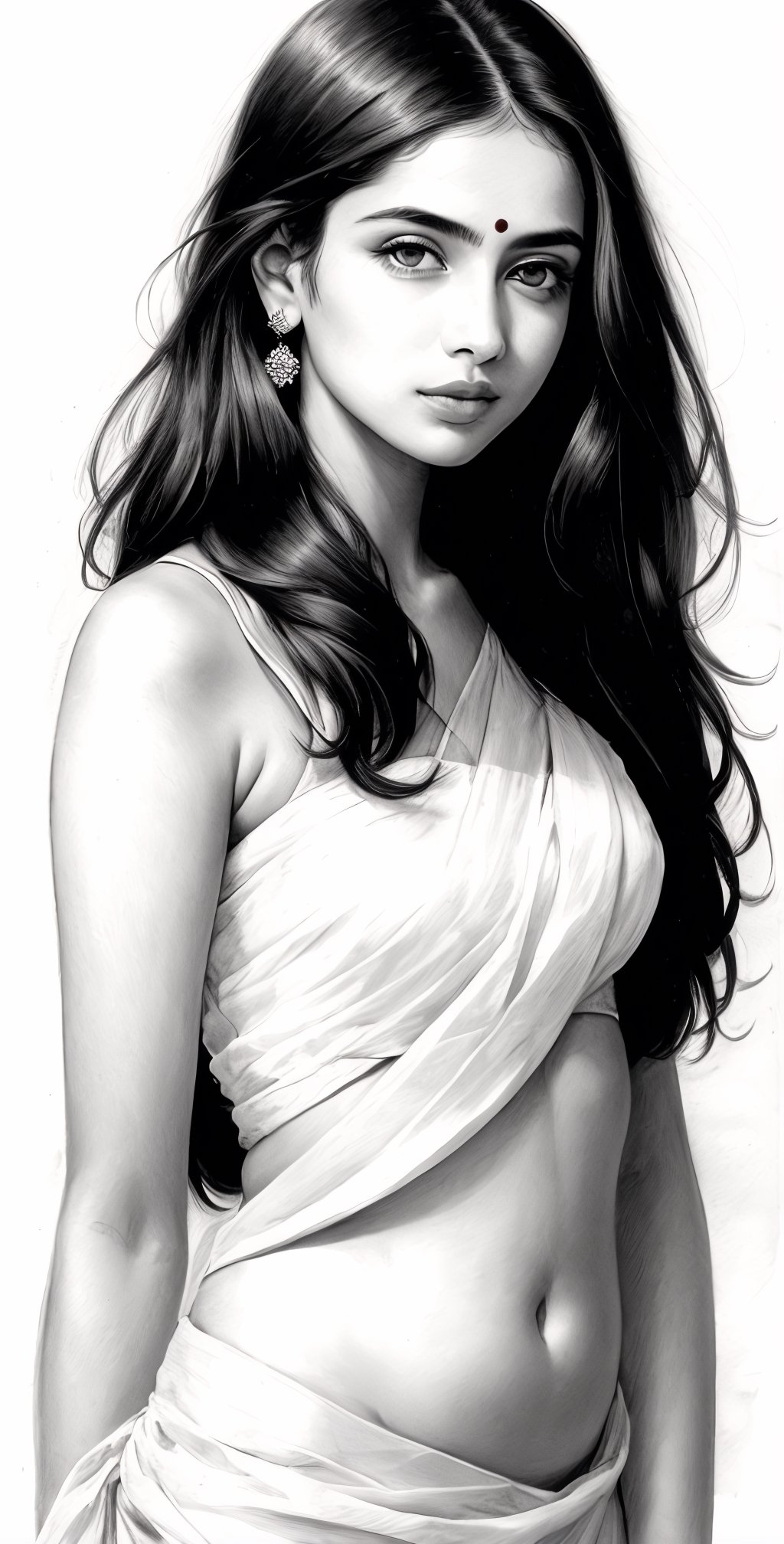 Pencil sketch, pencil sketch portrait of beautiful indian girl with long hair, blue eyes, embarrassed, nice figure, slim belly, Indian revealed white saree, Art, black and white sketch, on white art paper, realistic sketch, ultra real sketch, pencil stroke sketch, pencil stroke shadow, perfect real light on paper, xyzsanart01,iinksketch,monochrome, full_body