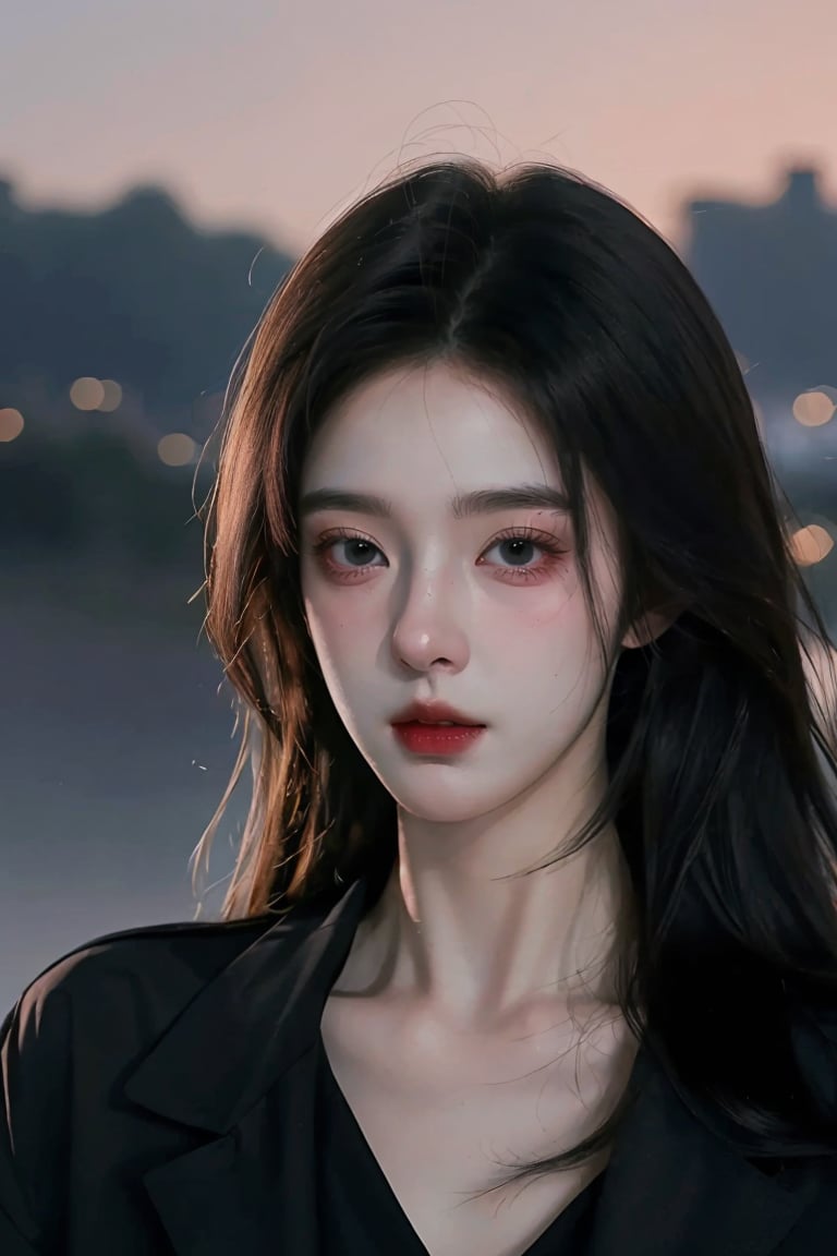 (masterpiece),realistic,anime art,cinematic background, photography shoot 1girl, solo, webtoon art, black hair, open black shirt, twilight, raw photo