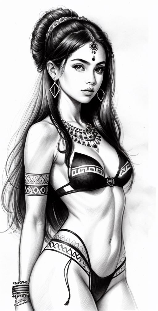 Pencil sketch, a pencil sketch drawing of amazoniess tribal girl, tribal outfit, Art, black and white sketch, on white art paper, realistic sketch, ultra real sketch, pencil stroke sketch, pencil stroke shadow, perfect real light on paper, xyzsanart01,iinksketch,monochrome, upper_body,Outline,sketch,drawing,wldck,Savage_Design