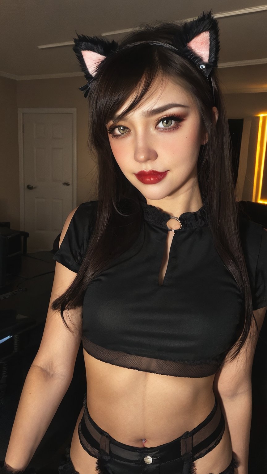 1girl, solo, (midriff:1.2), portrait photo, naughty smile, long hair, gaming room background, bang hair, blunt bang, cat headband, makeup, pouty lips, low light, night light