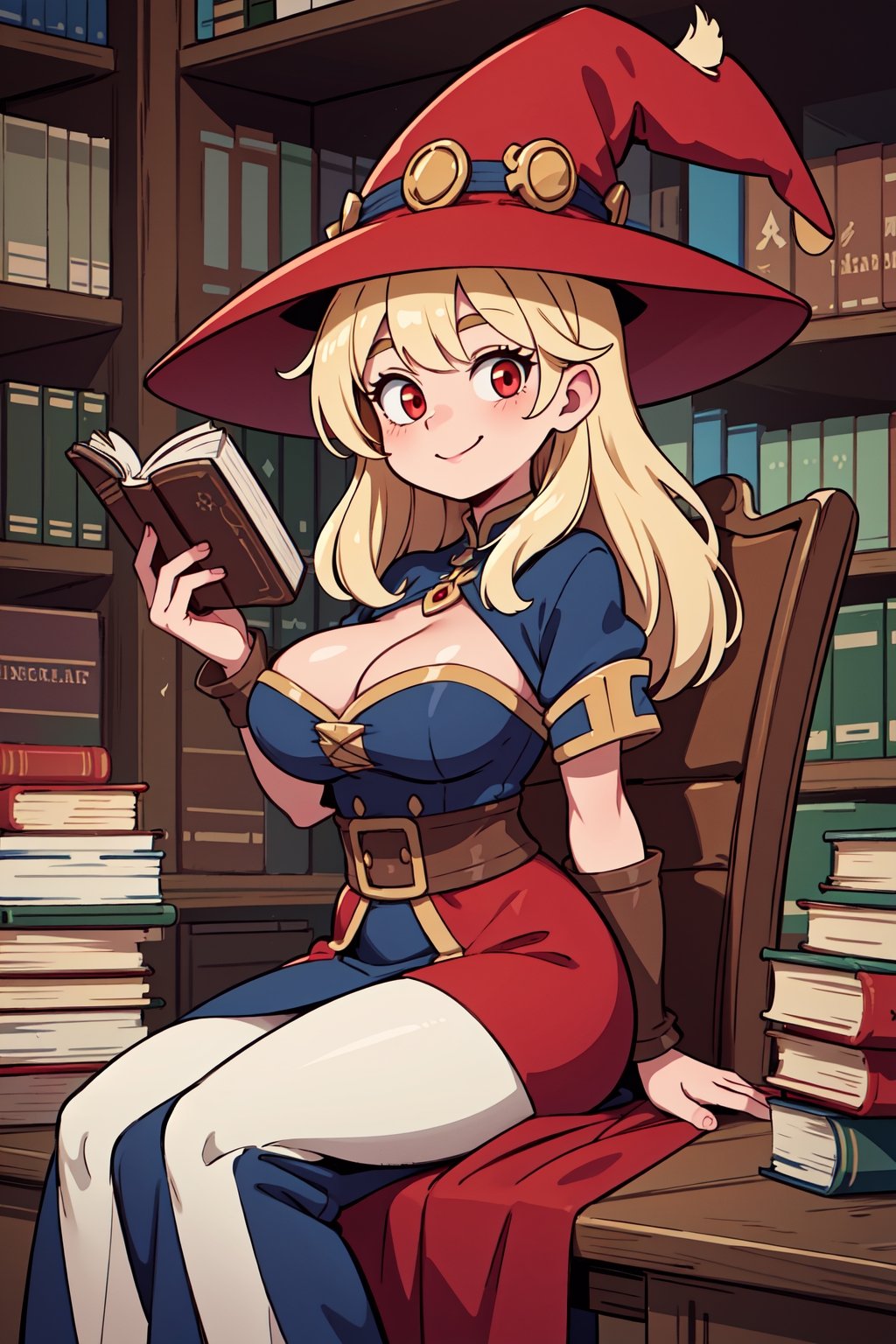 masterpiece, best quality, ultra-detailed, HDR, absudres:1.3, illustration, 2d,

A girl in the library holding a book, sitting, blonde hair, medieval outfit, red_witch_hat, sweet smile, large breasts, curvy, red_eyes
