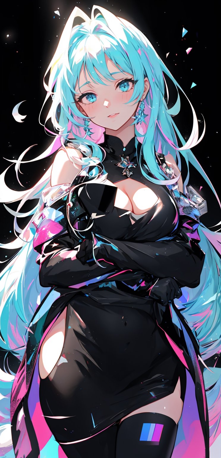 k-pop girl, wearing a chubby bodysuit, anime waifu, looking at viewer, highlydetailed, Gel coat, reflections transparent iridescent colors, long transparent iridescent RGB hair, artby Serafleur from artstation, thick acrylic, illustration on pixiv, waist up portrait, gorgeoussacred girl, best quality, ultra detailed, sad, clever, beautiful face beautiful lighton black background, 