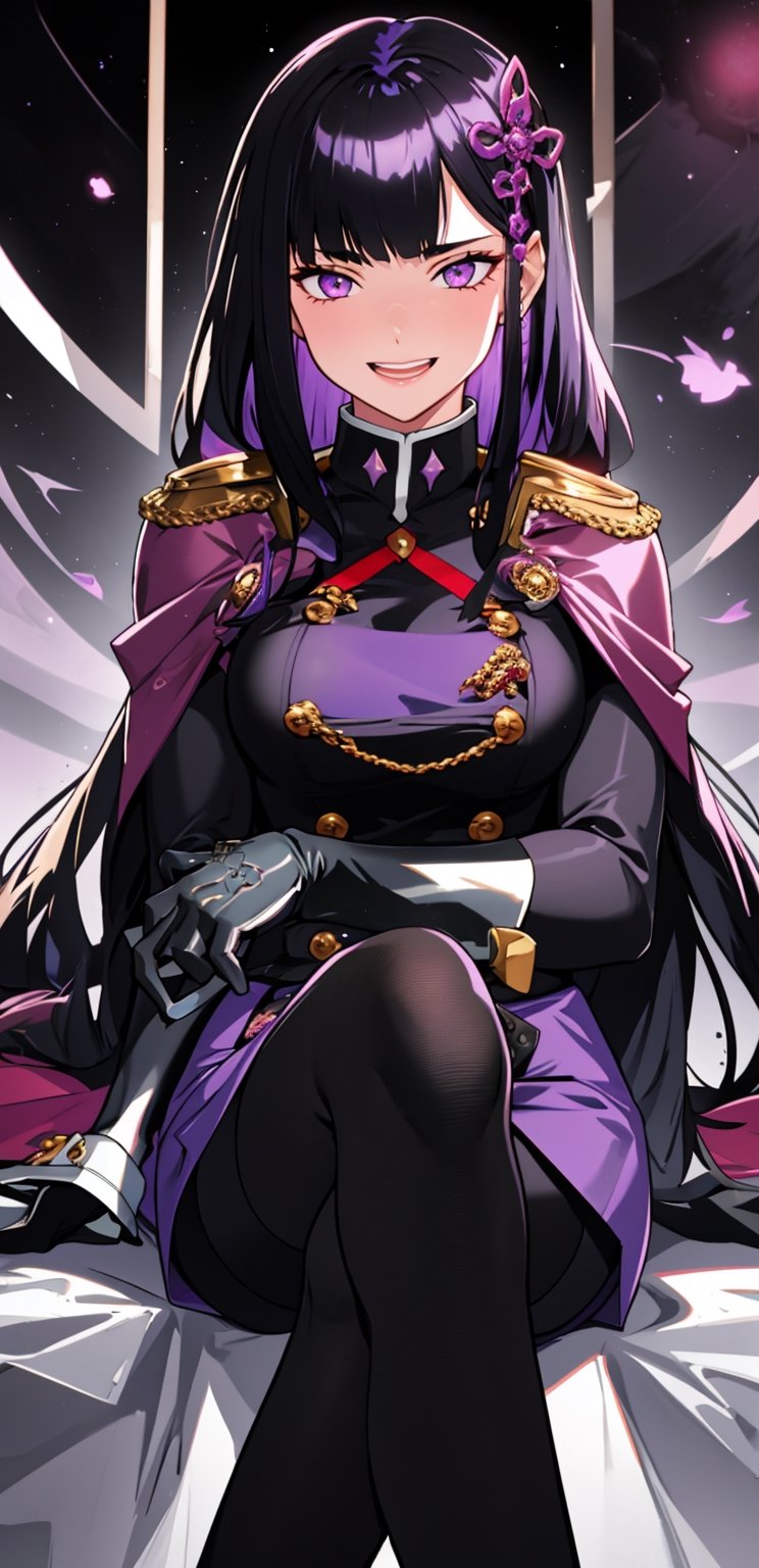 1girl, arrogant,solo, long hair, breasts, looking at viewer, smile, open mouth, bangs, skirt, black hair, hair ornament, gloves, sitting, purple eyes, purple hair, pantyhose, white gloves, cape, black pantyhose, crossed legs, epaulettes, uniform, from below, YamashiroRen