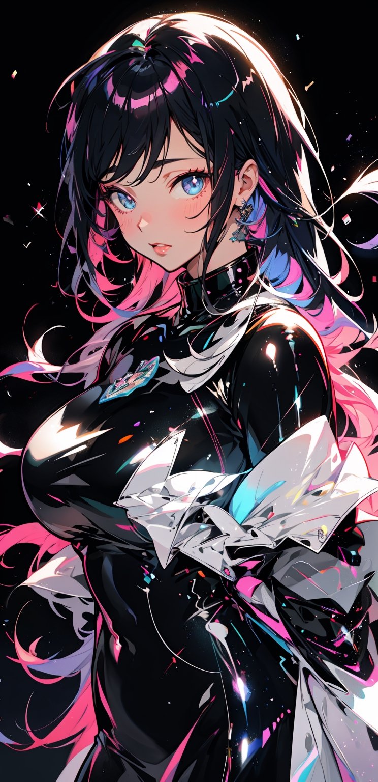 k-pop girl, wearing a chubby bodysuit, anime waifu, looking at viewer, highlydetailed, Gel coat, reflections transparent iridescent colors, long transparent iridescent RGB hair, artby Serafleur from artstation, thick acrylic, illustration on pixiv, waist up portrait, gorgeoussacred girl, best quality, ultra detailed, sad, clever, beautiful face beautiful lighton black background, 