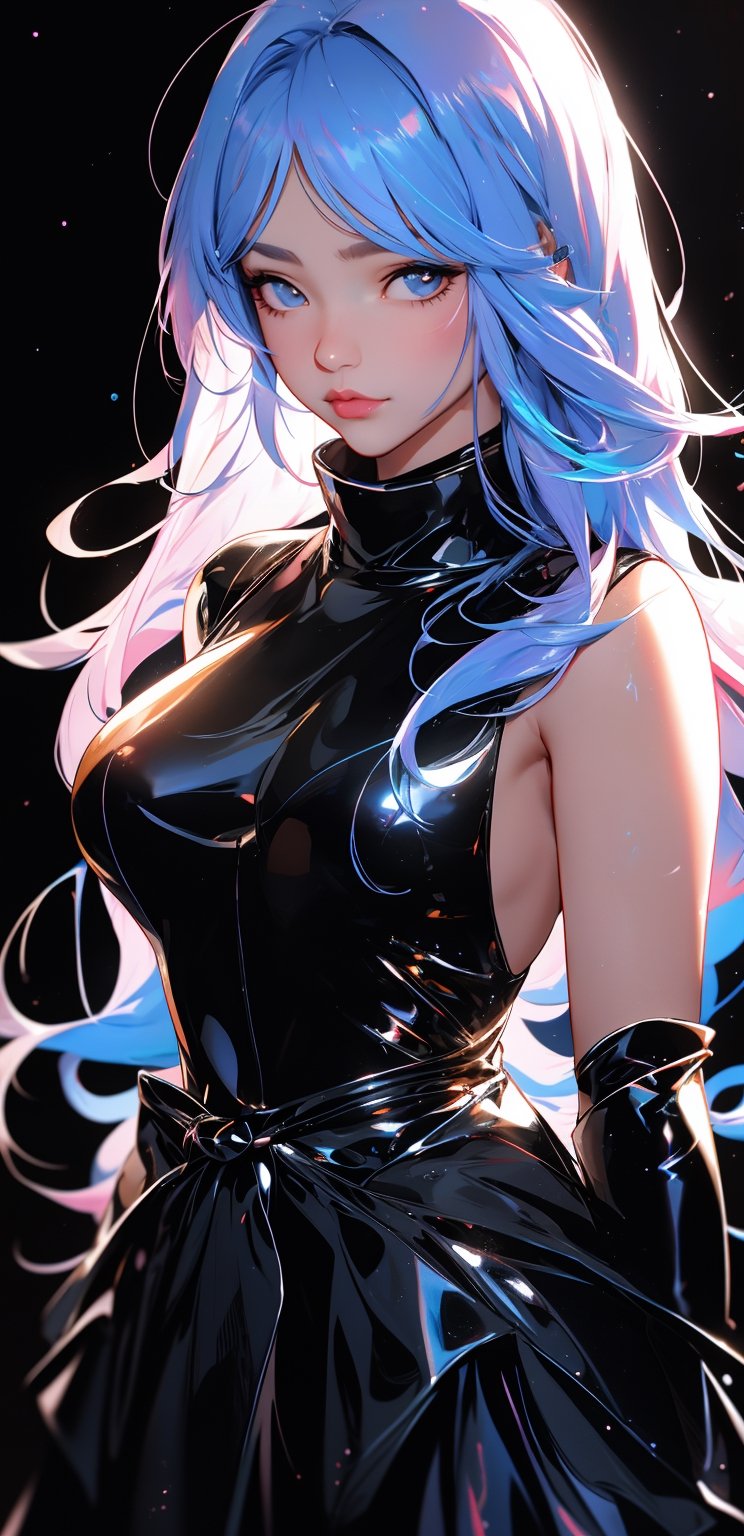 k-pop girl, wearing a chubby bodysuit, anime waifu, looking at viewer, highlydetailed, Gel coat, reflections transparent iridescent colors, long transparent iridescent RGB hair, artby Serafleur from artstation, thick acrylic, illustration on pixiv, waist up portrait, gorgeoussacred girl, best quality, ultra detailed, sad, clever, beautiful face beautiful lighton black background, 